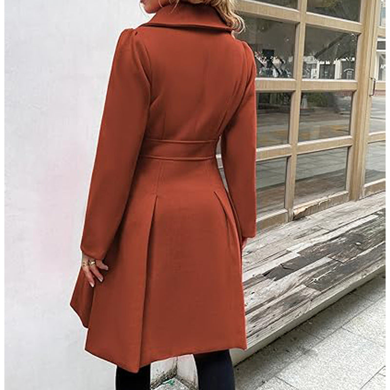 Women Fall and Winter Turndown Collar Double-Breasted Pocket Windbreaker 81