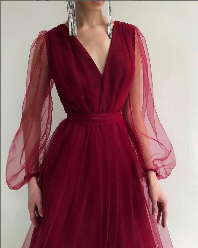 Women Fall V-Neck Mesh A-line Party Dress 8