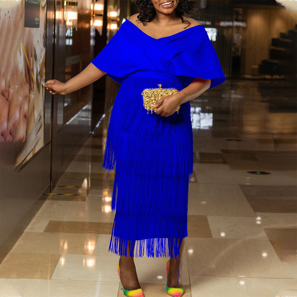 Ladies Summer Fashion Chic V Neck Off Shoulder Tassel Formal Party Gown Dress 3