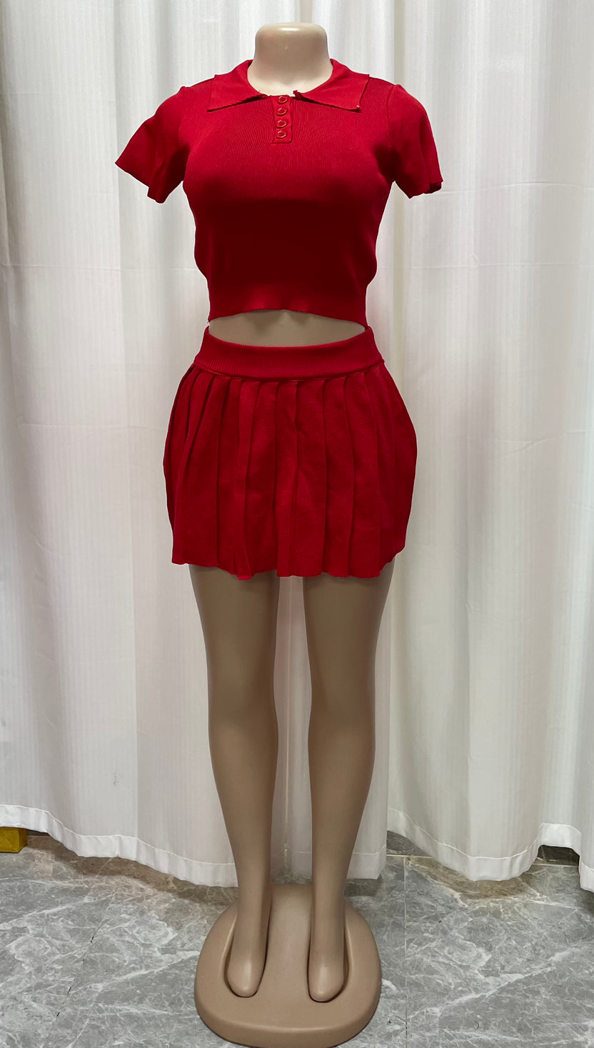 Women's Fashion Summer Knitting Turndown Collar Short Sleeve Top Pleated Skirt Two-Piece Set 7