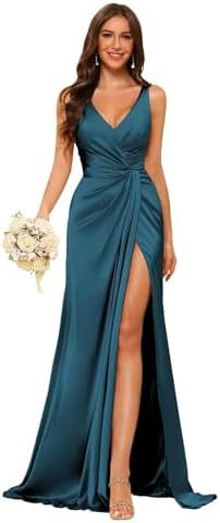Women's Strap V-Neck Bridesmaid Dress Sleeveless Satin High Slit Prom Dress（Processing time need 3-6 days） 14