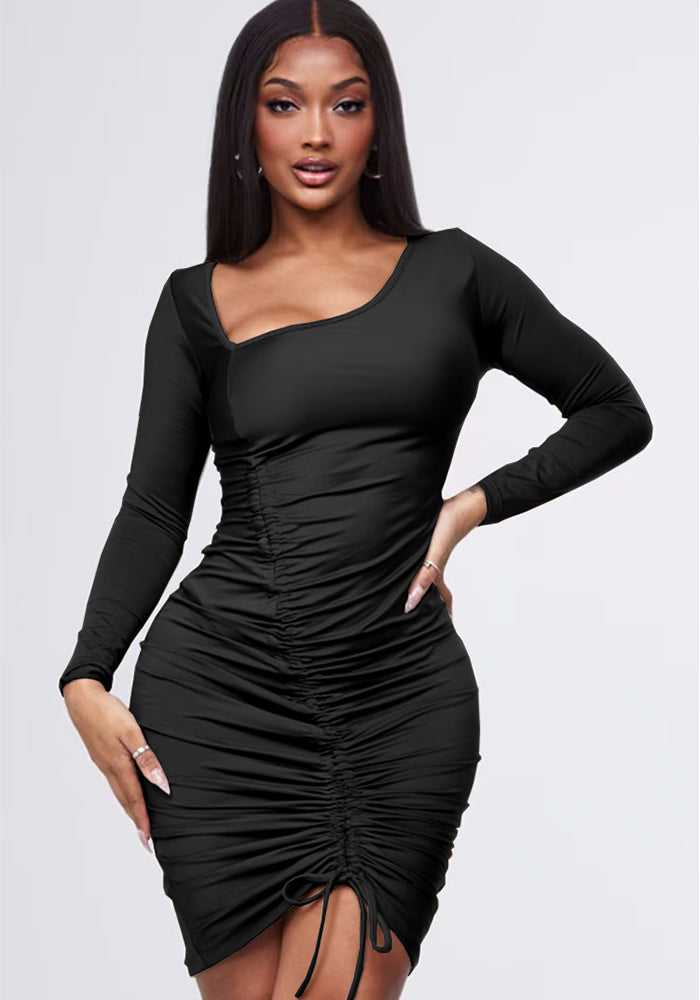 Women drawstring Slash Shoulder Bodycon Dress