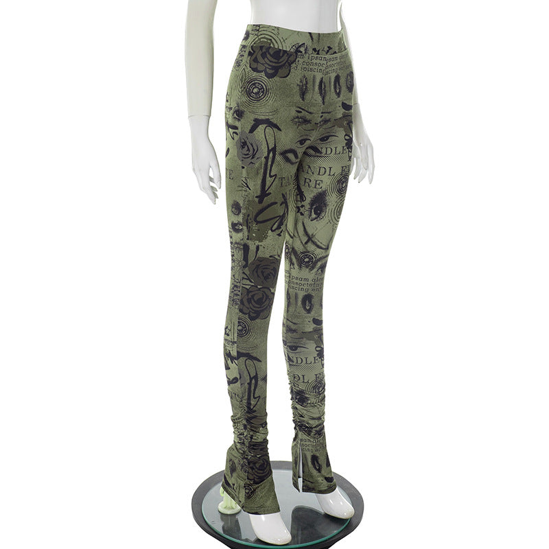 Women Spring/Summer Printed Stretchy Slit Gathered Casual Pants 7