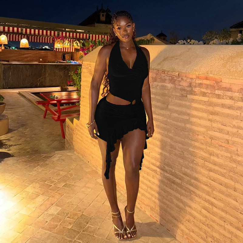 Solid Color Holidays Women's Metal Ring Halter Neck V-Neck Ruffled Bodycon Dress 4