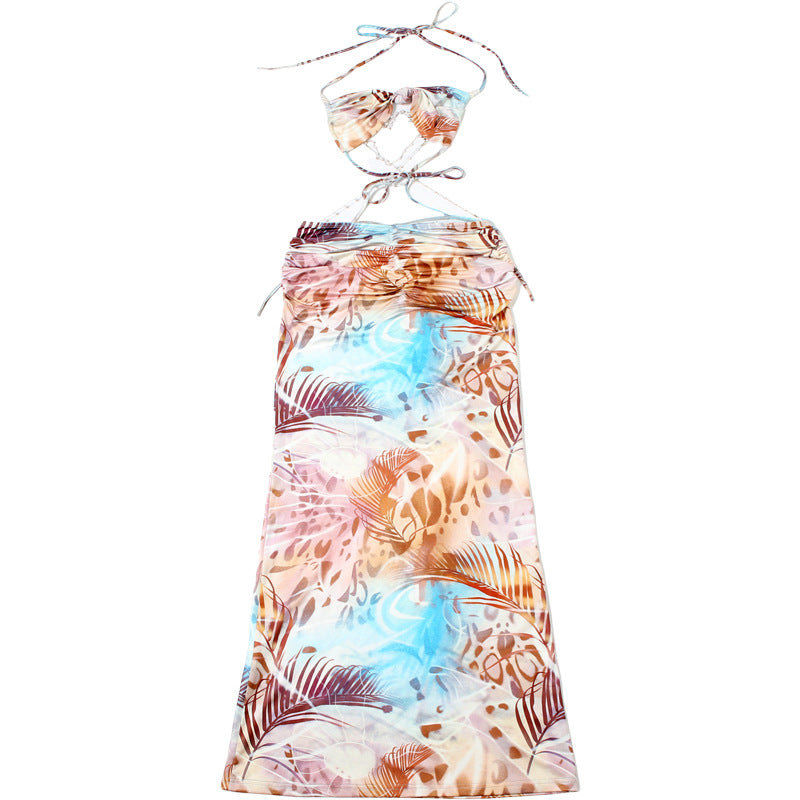 Women's Spring Halter Neck Tie Beaded Chain Slim Low Back Sexy Dress 45