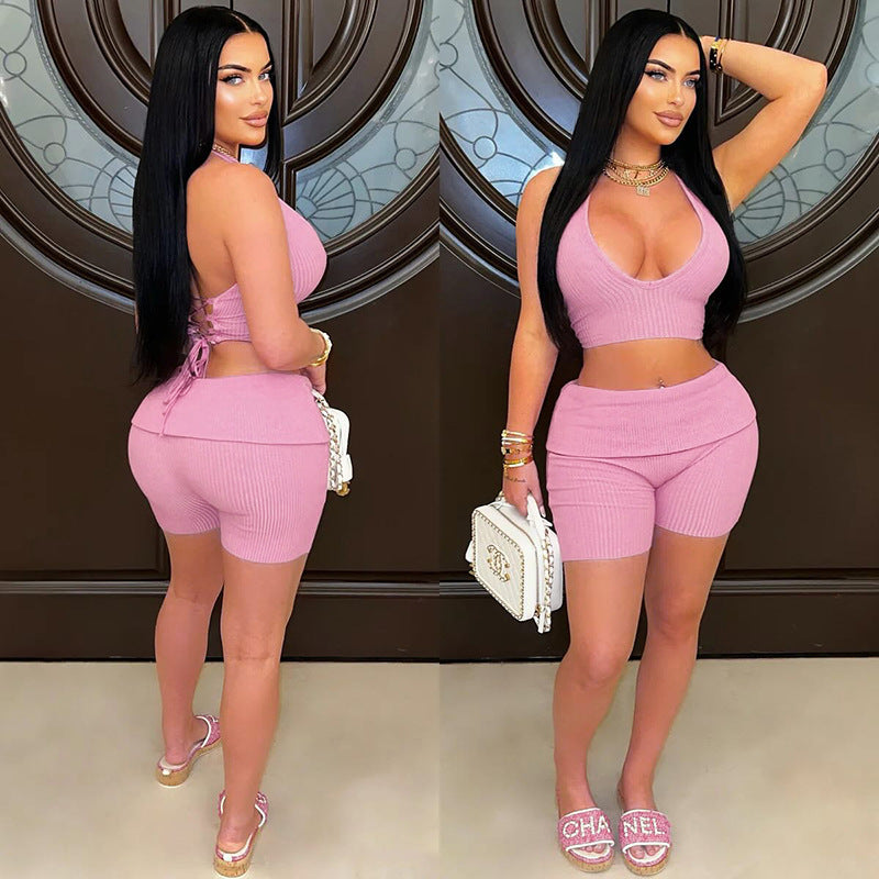 Women's Spring and Summer Ribbed Halter Neck Hollow Lace-up Vest Folded High Waist Short Set 3