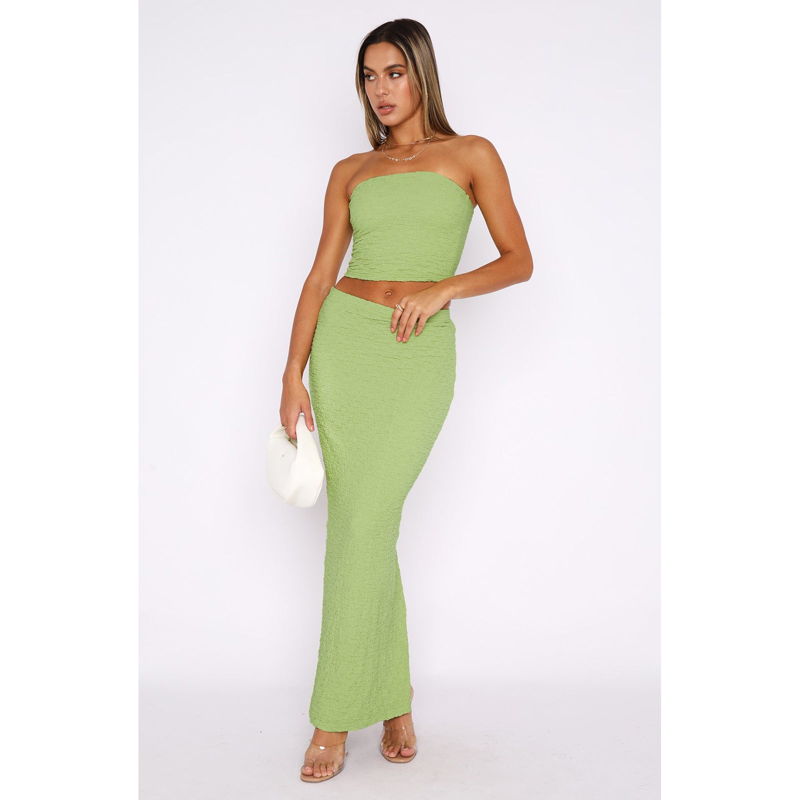 Women's Solid Strapless Top Slit Skirt Set Two Piece Set 5