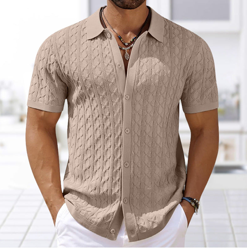 Summer Short Sleeve Men's Fashion Knitting Top Casual Button Polo Shirt 3