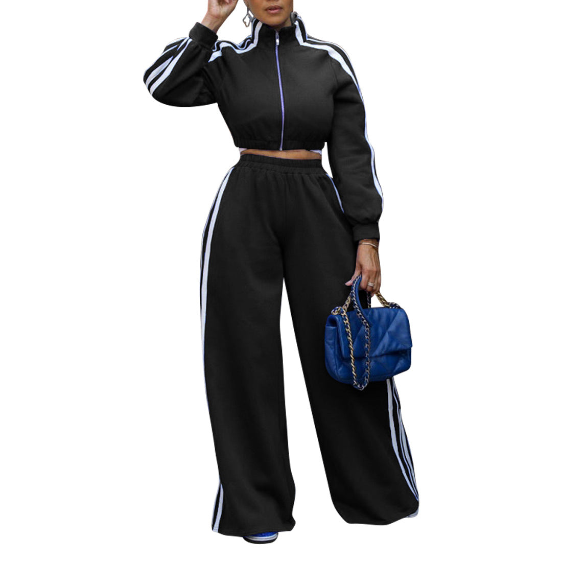 Women's Autumn Winter Sports Striped Jacket Loose Pants Two-Piece Set 8