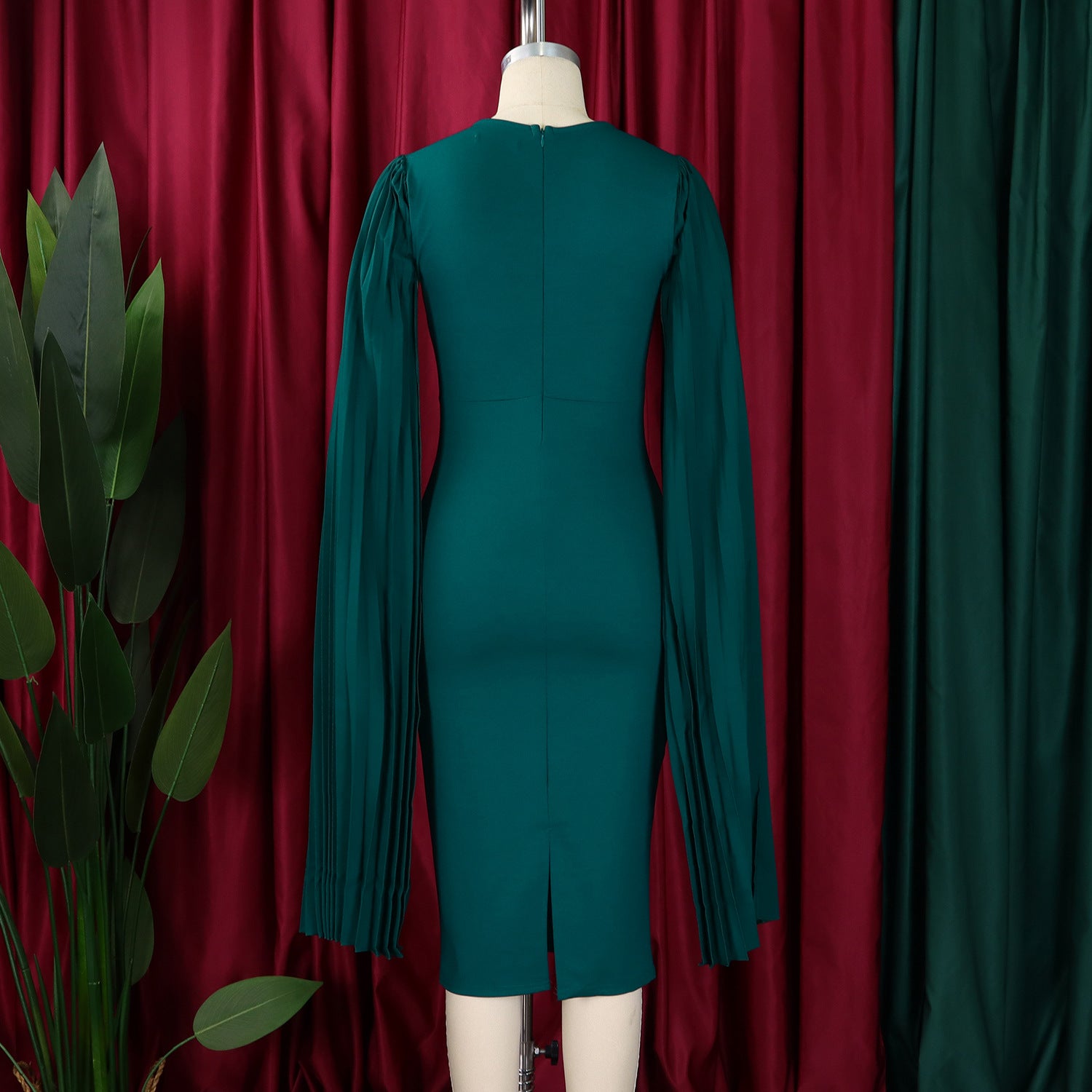 Women's Fashion Solid Color Round Neck Pleated Shawl Sleeve Formal Party Evening Dress 27