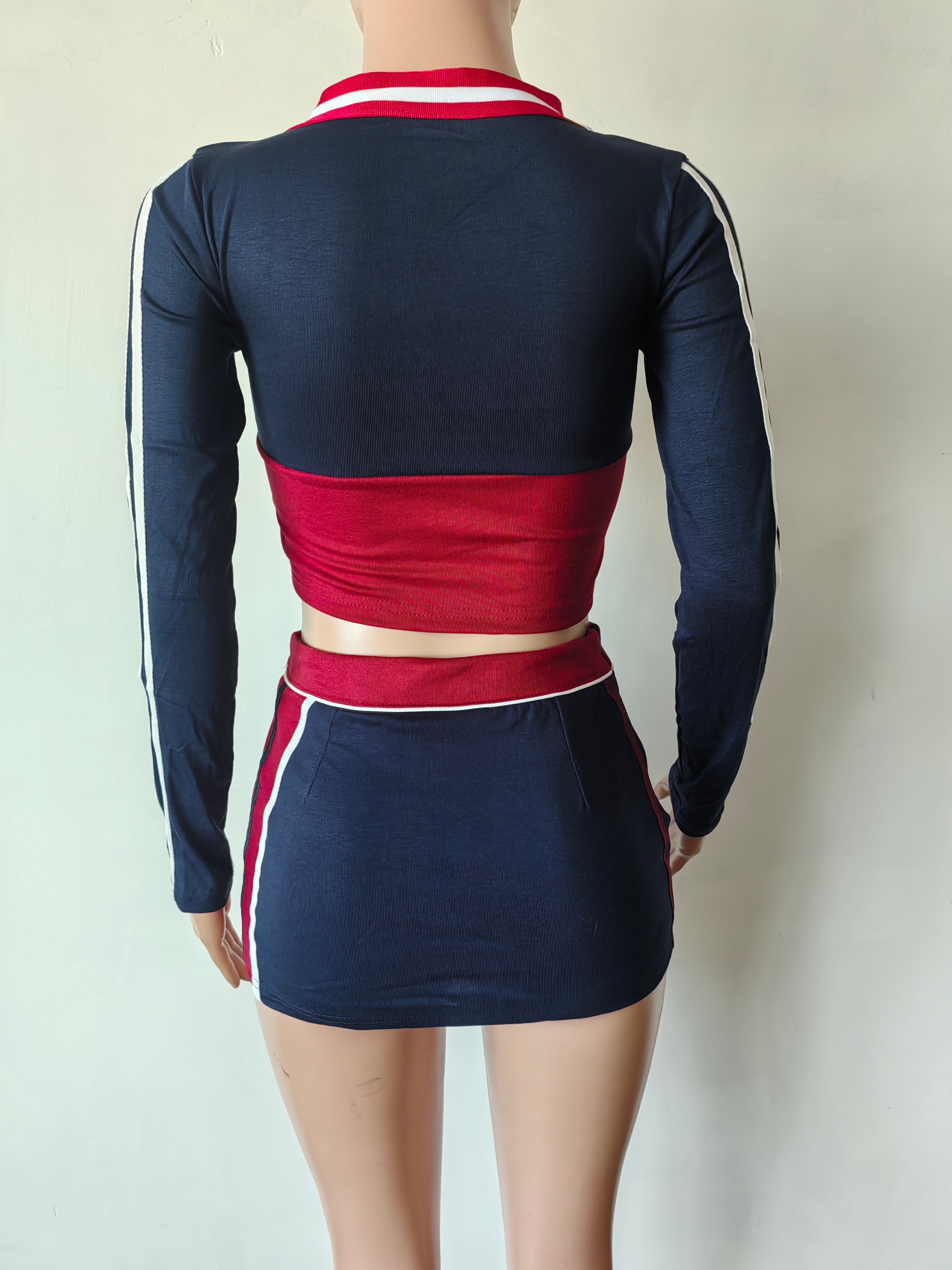 Women American Long Sleeve V-Neck Print Sports Casual Top and Skirt Two-piece Set 6