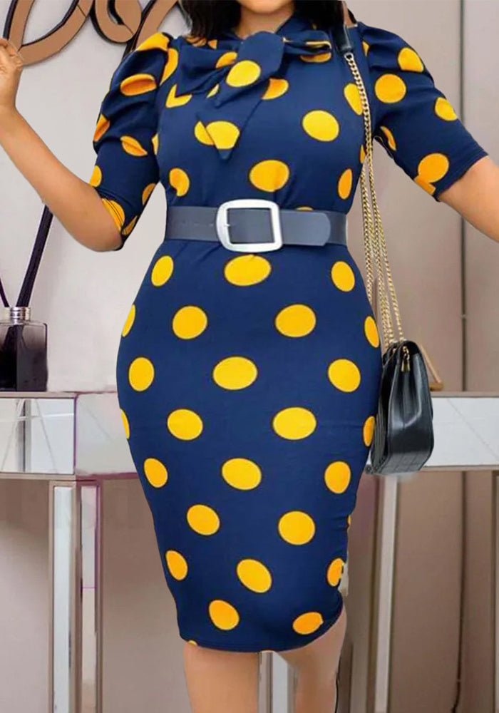 Women's Fashion Plus Size Flowing Neck Polka Dot Print Bodycon Dress