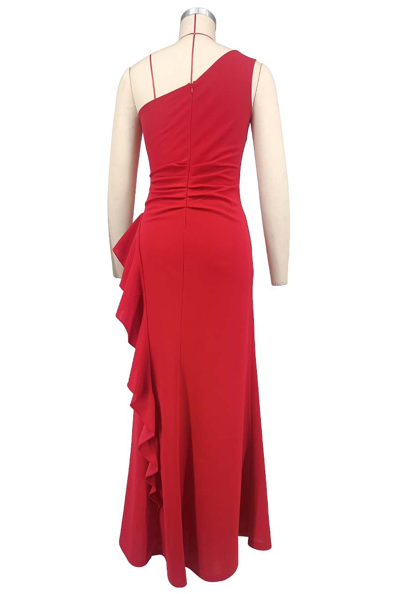 One-Shoulder Chic Elegant Solid Color Slim Waist High-Slit Side Ruffles Mermaid Evening Gown 13