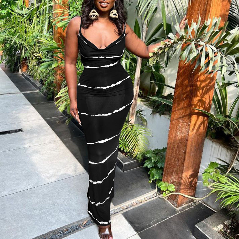 Summer Plus Size Women Stripe Print Sexy V-Neck Suspender Maxi Dress