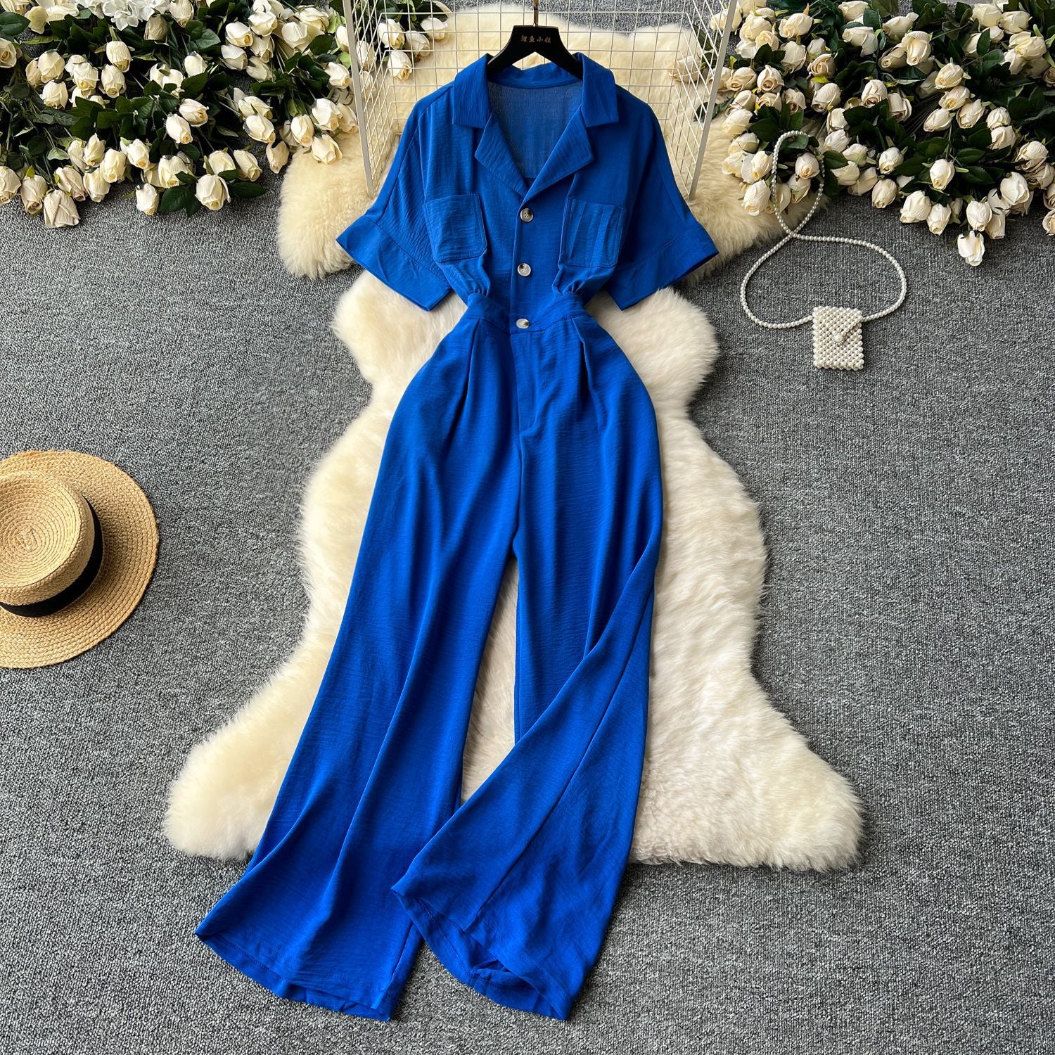 Summer Chic Turn-down Collar Button High Waist Jumpsuit 12