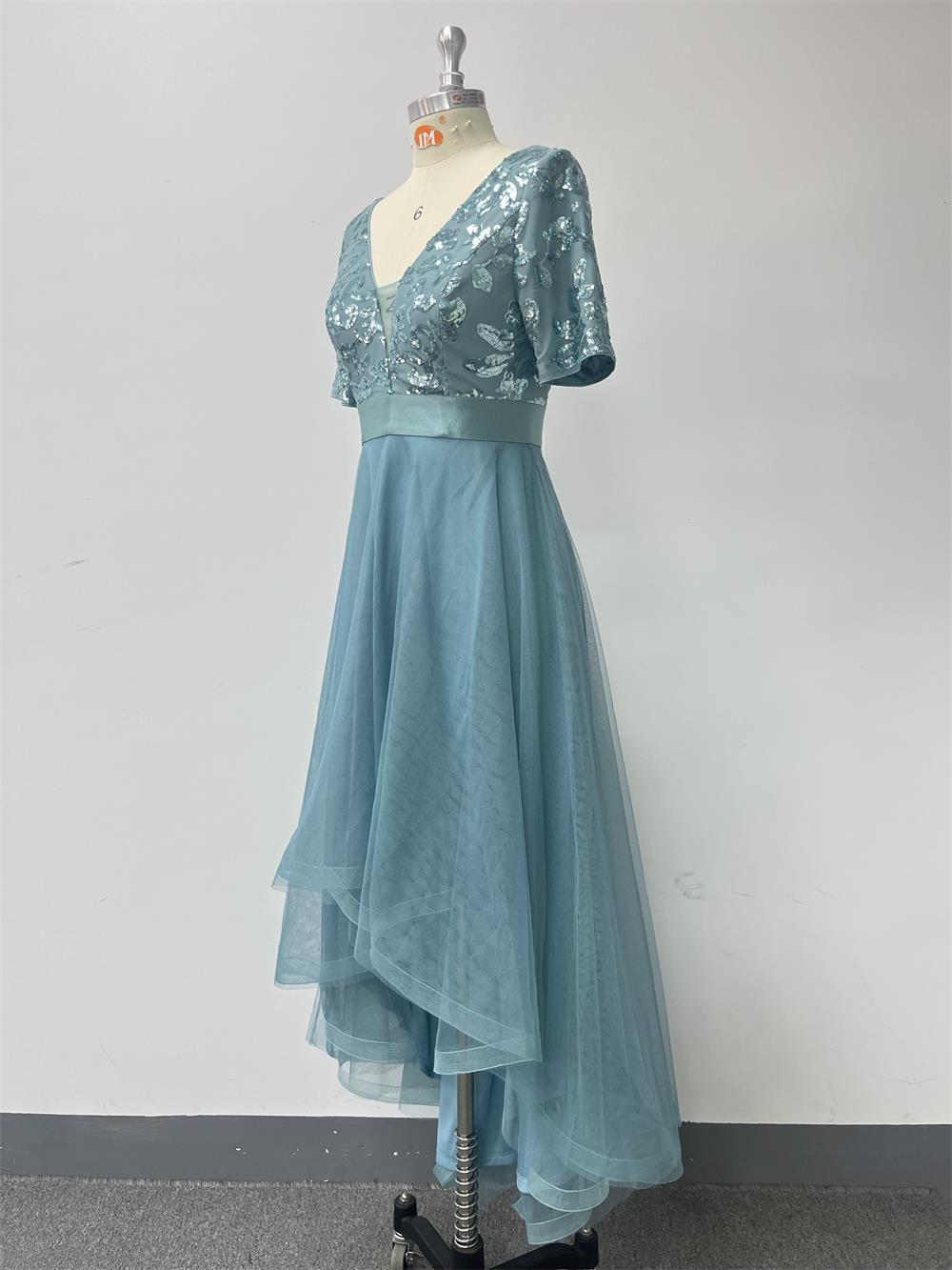 Evening dress deep v short sleeve sequin mesh patchwork irregular bridesmaids prom dress 9