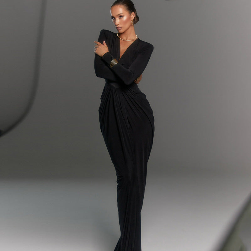 Women V Neck Shoulder Pad Long Sleeve Slit Sexy Maxi Dress 4