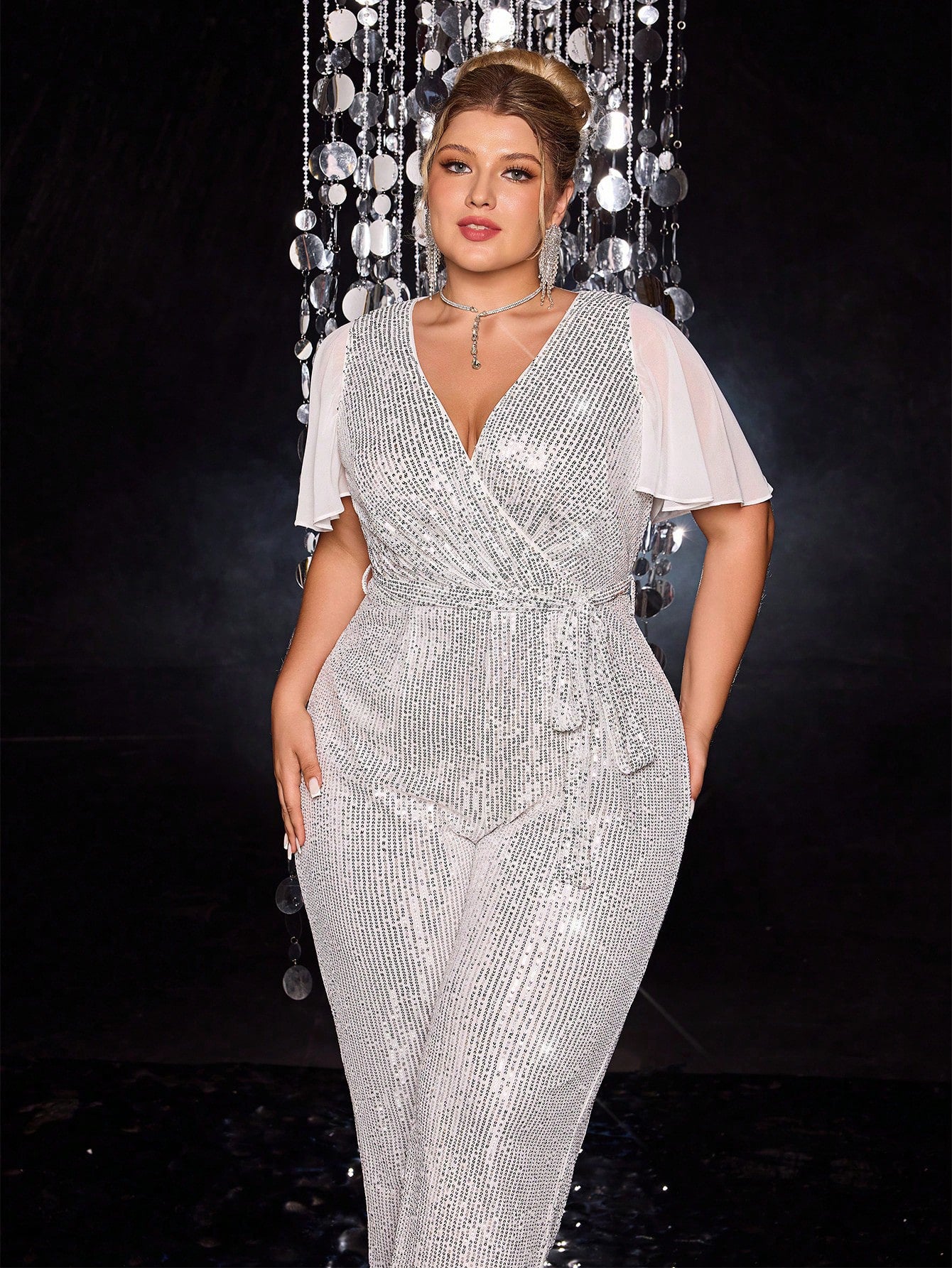 Sequin V-Neck Mesh Short Sleeve One-Piece Plus Size Women's Jumpsuit 6