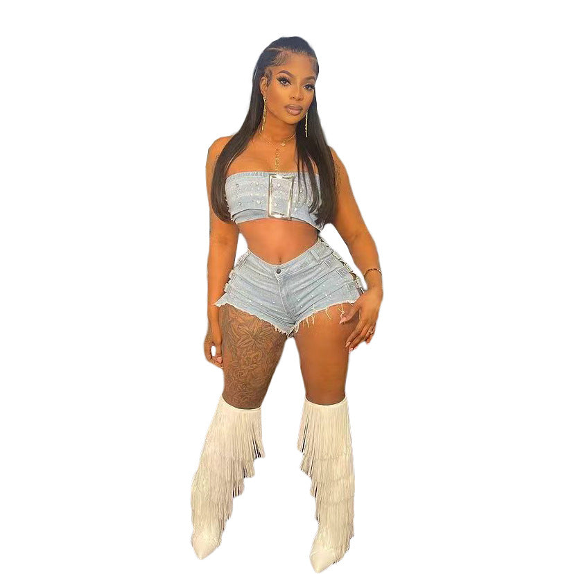 Fashionable Women's Clothing Sexy Strapless Beaded Stretch Two Piece Denim Shorts Set 5