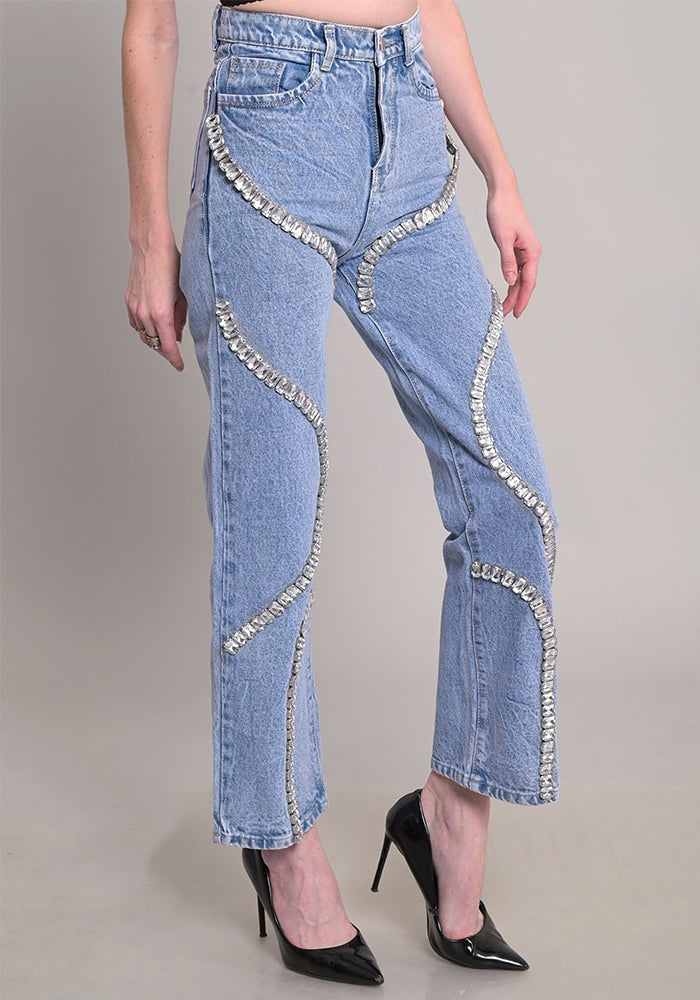 Women's High Waist Rhinestone Wide-Leg Trousers Straight Long Casual Denim Pants