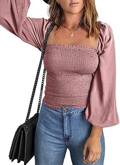 Women Solid Square Neck Long Sleeve Lantern Sleeve Pleated Top