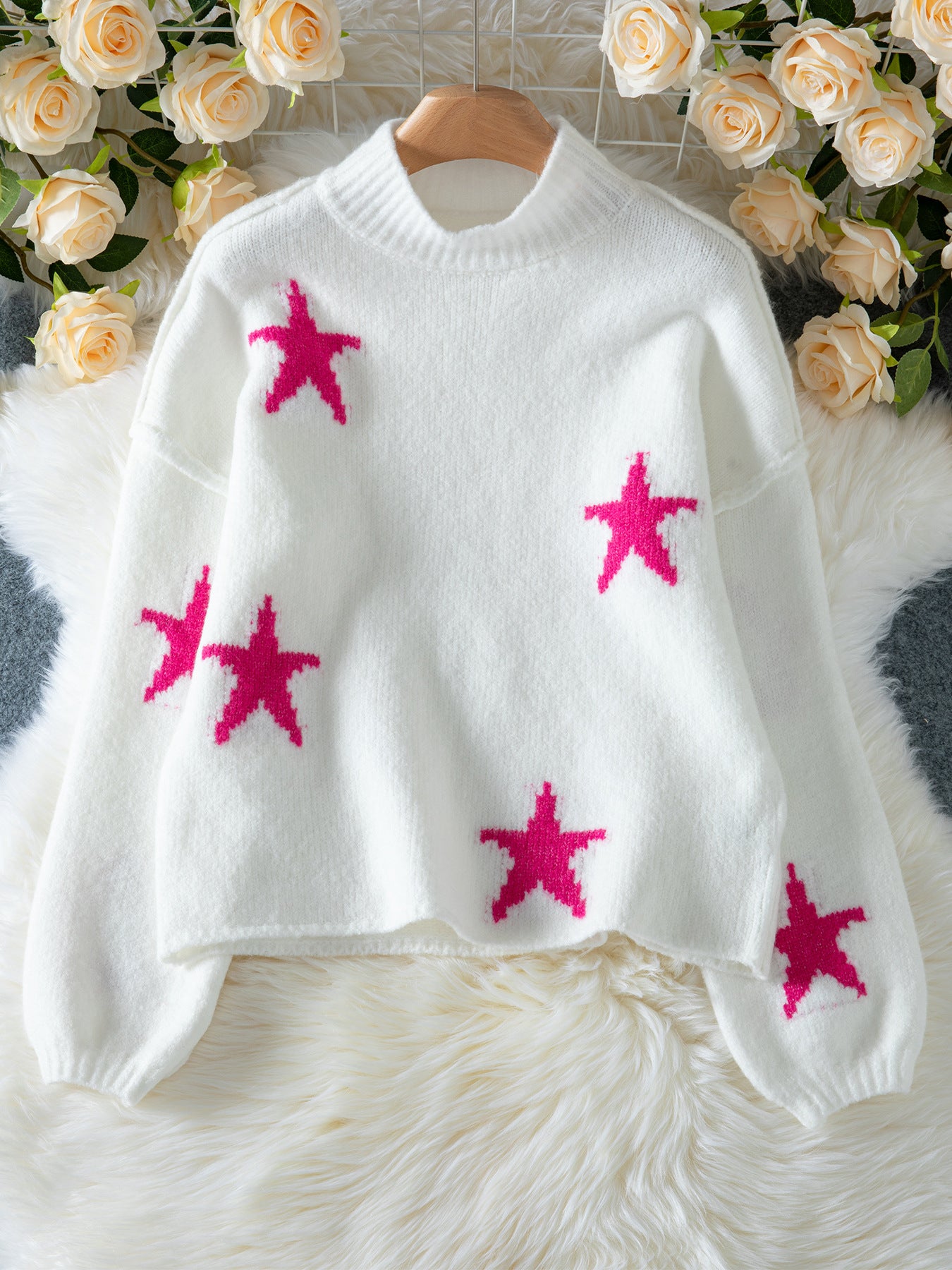 Women's Autumn Winter Casual Loose High Neck Pullover Long Sleeve Star Pattern Knitting Sweater 9