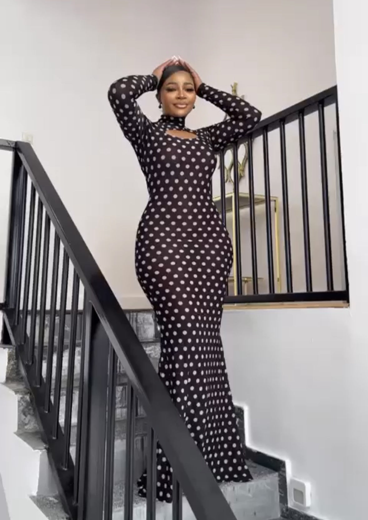 Women printed half-high collar hollow sexy long-sleeved polka dot dress 3