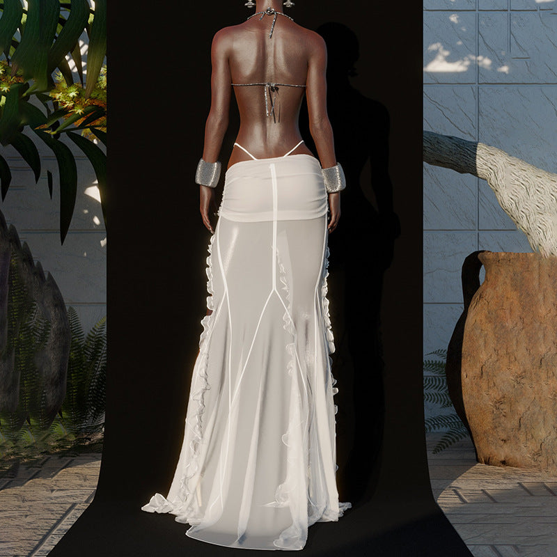 Women summer sexy one-shoulder mesh see-through top and skirt two-piece set 5