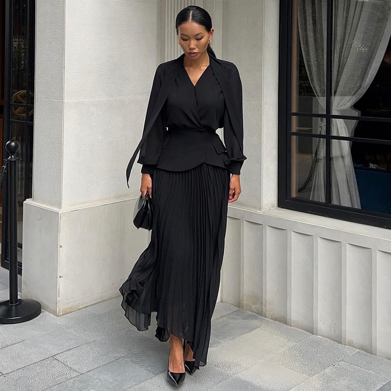 Women lace-up irregular pleated dress girdle two-piece set