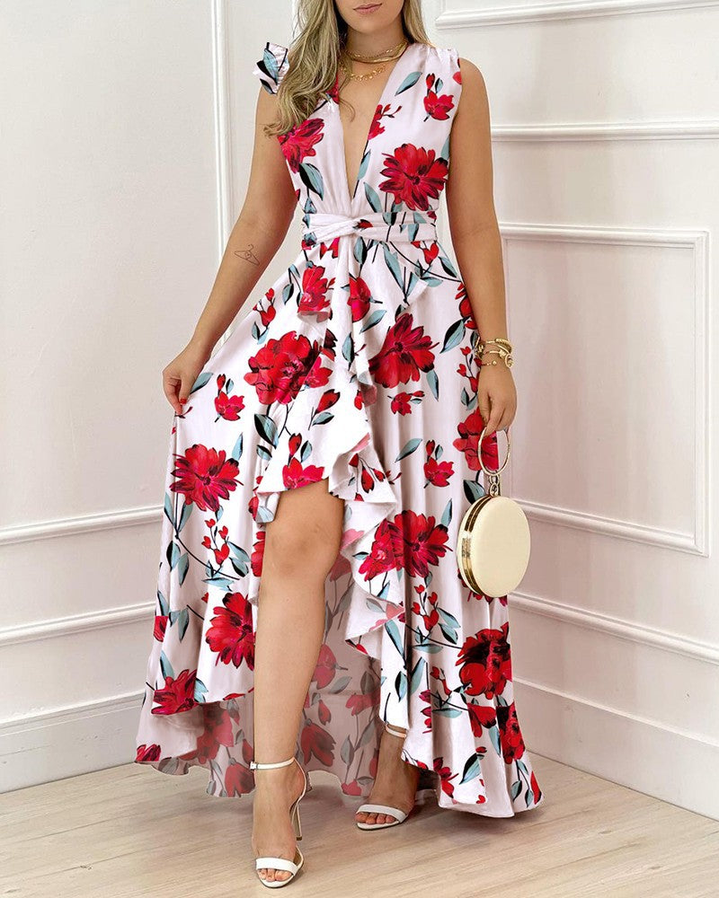Fashion Summer Chic V-neck High Waist Red Flared Print Dress