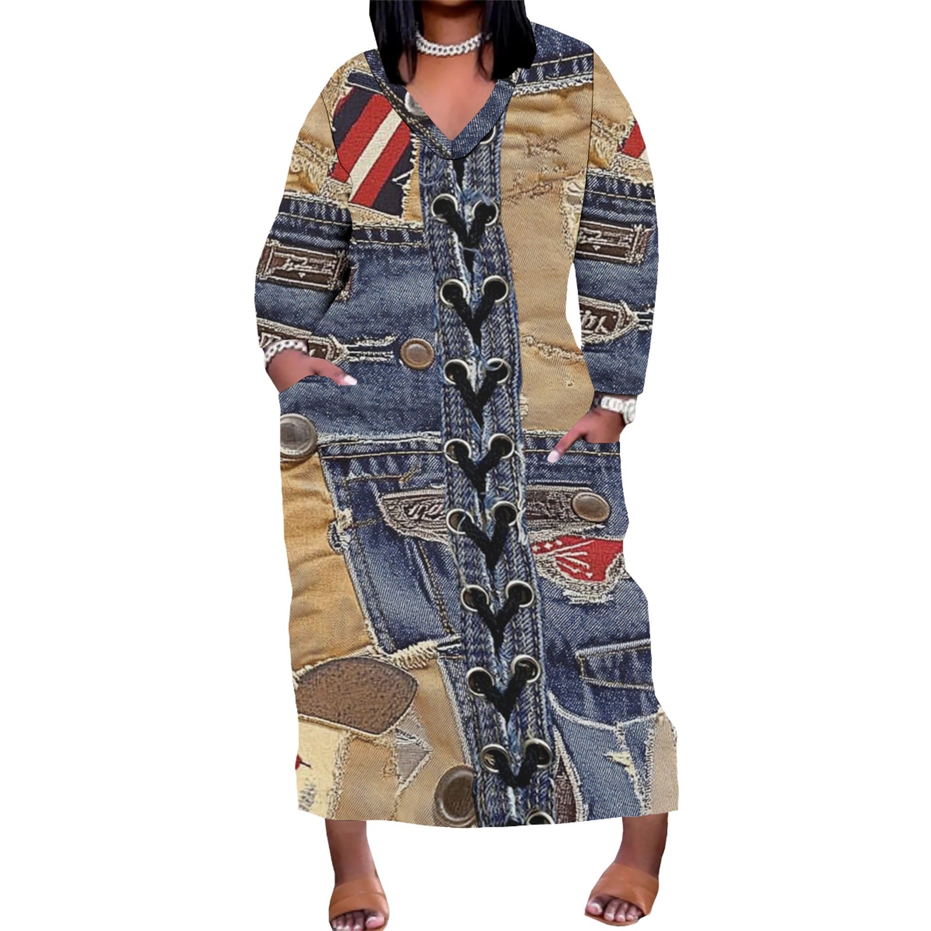 Women's Casual Printed Long Sleeves Plus Size Dress 8