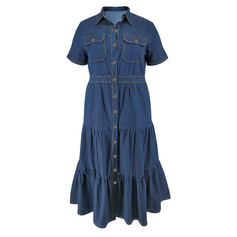 Plus Size Women Turndown Collar Button Pocket Short Sleeve Denim Long Dress 7