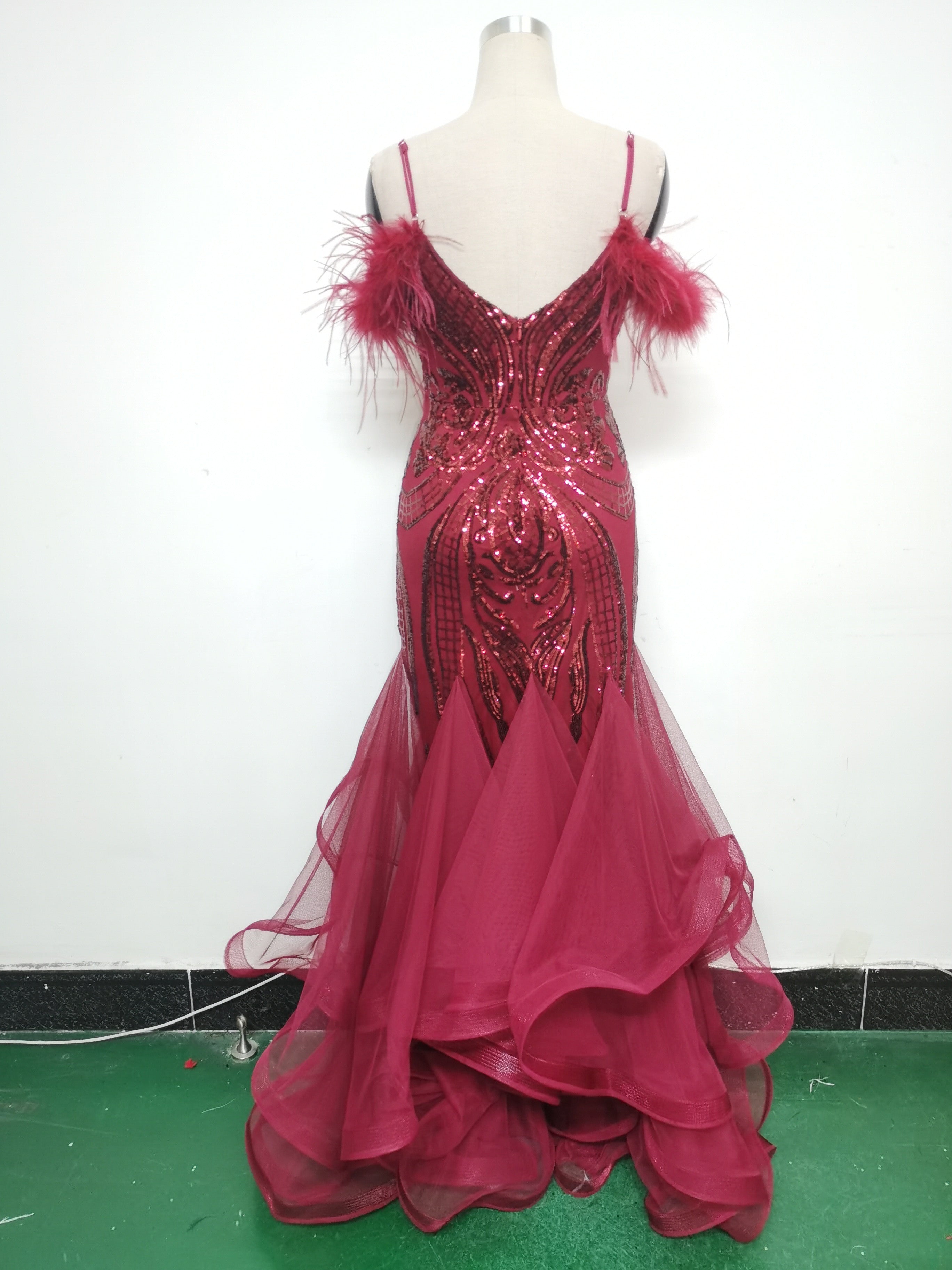 Women ostrich feather flower sequins patchwork mesh evening dress 32