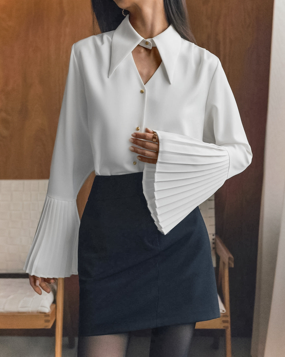 Women white sexy Turndown Collar long-sleeved hollow chiffon shirt