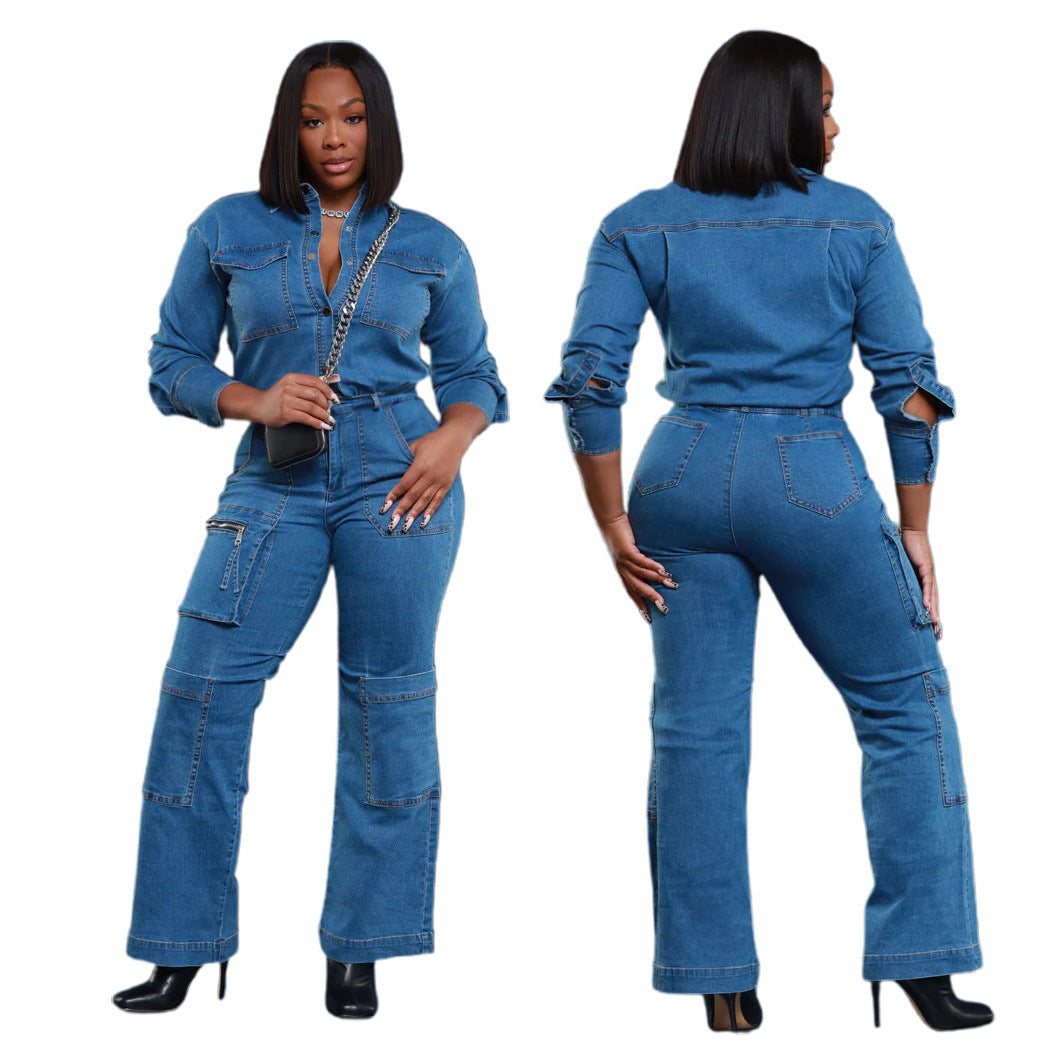 Women Stretchy long sleeve Cargo Denim Jumpsuit 3