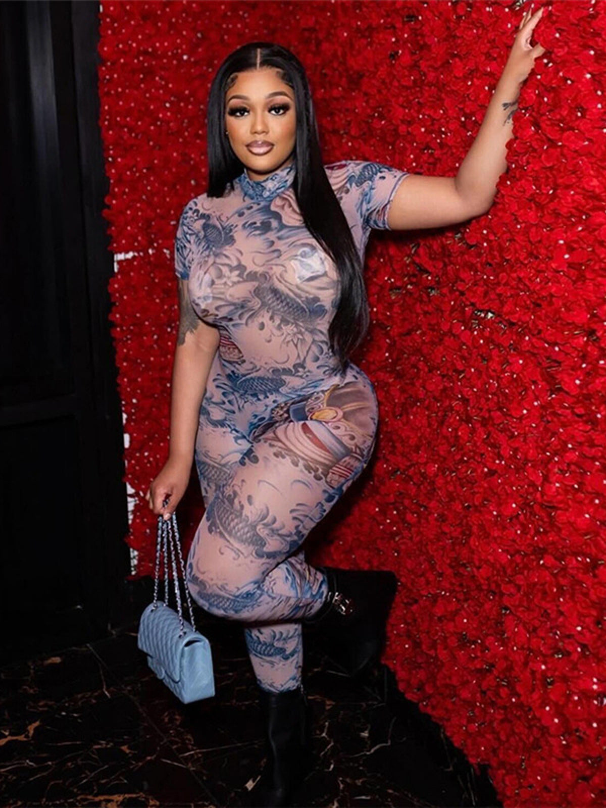 Women Sexy Backless Print See-Through Mesh Jumpsuit 9