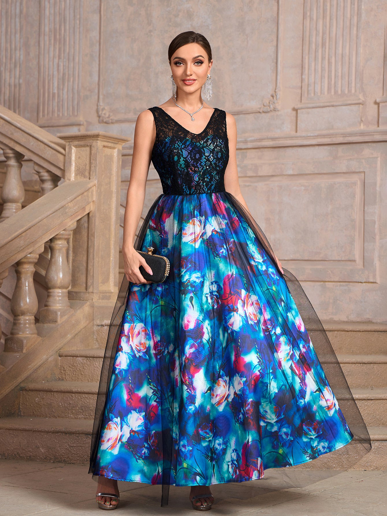 Women blue sleeveless v-neck printed black mesh patchwork flower print dress 4