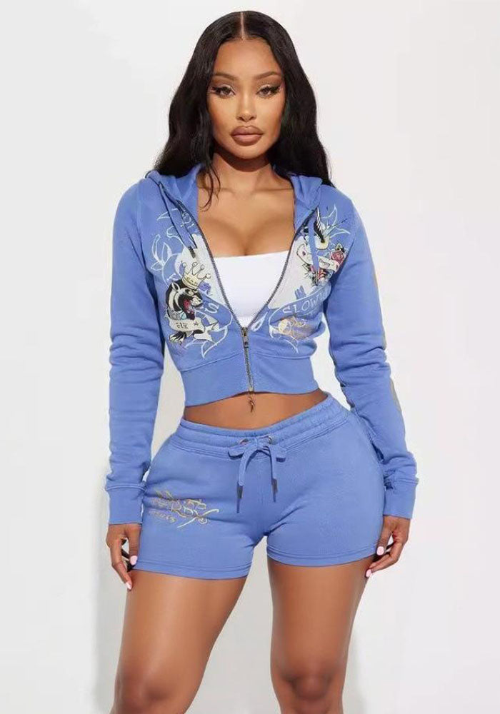 Women Retro Wing Print Casual Top and Shorts Two Piece Set