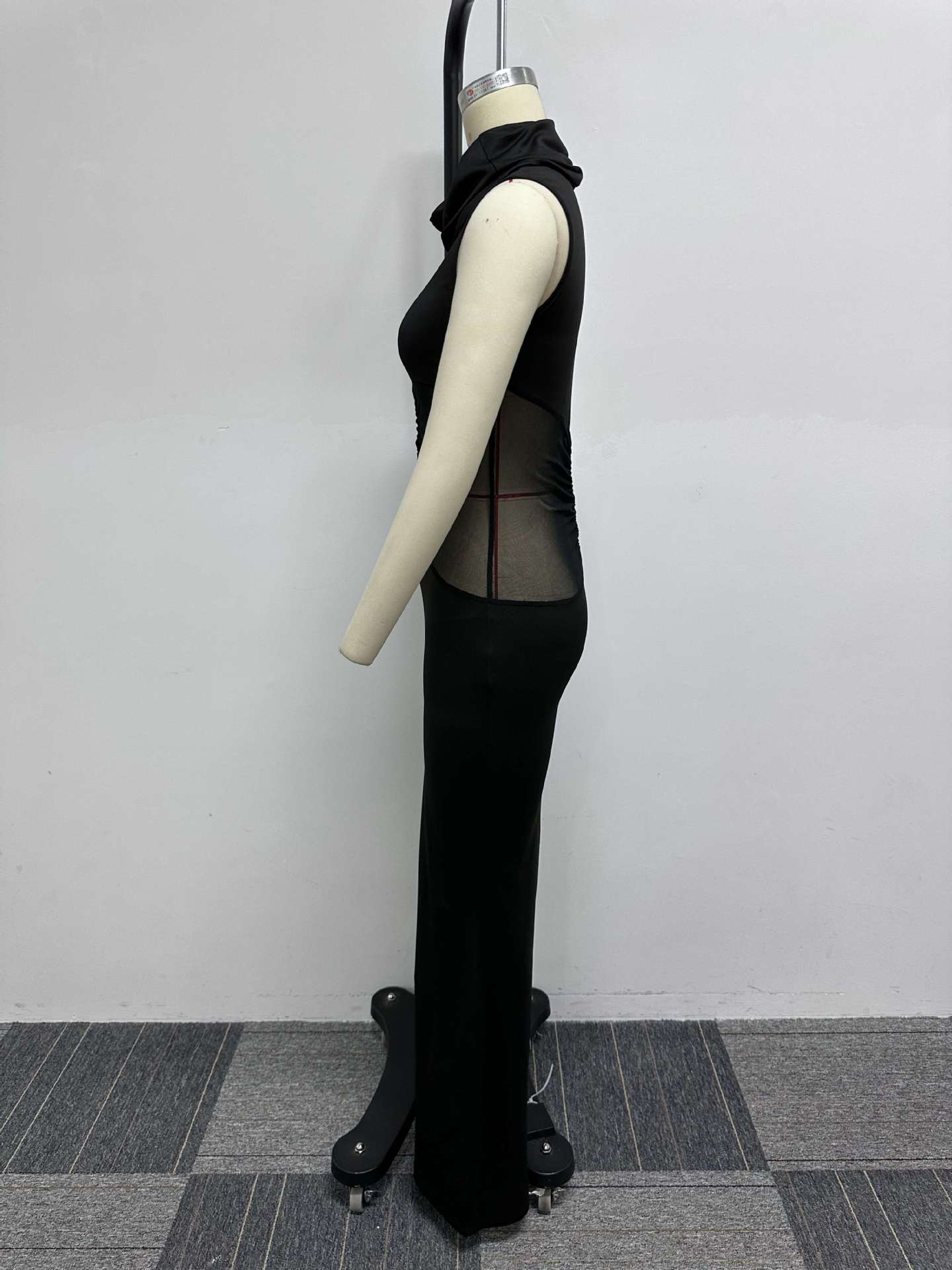 Sexy Turtleneck Sleeveless Stretch Mesh Patchwork See-Through Tight Fitting Long Dress 11