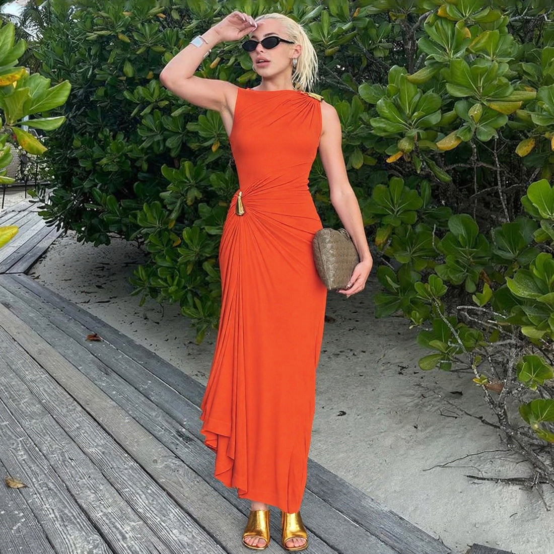 Women's Fashion Sexy Metallic Ruffled Sleeveless Slim Long Dress 6