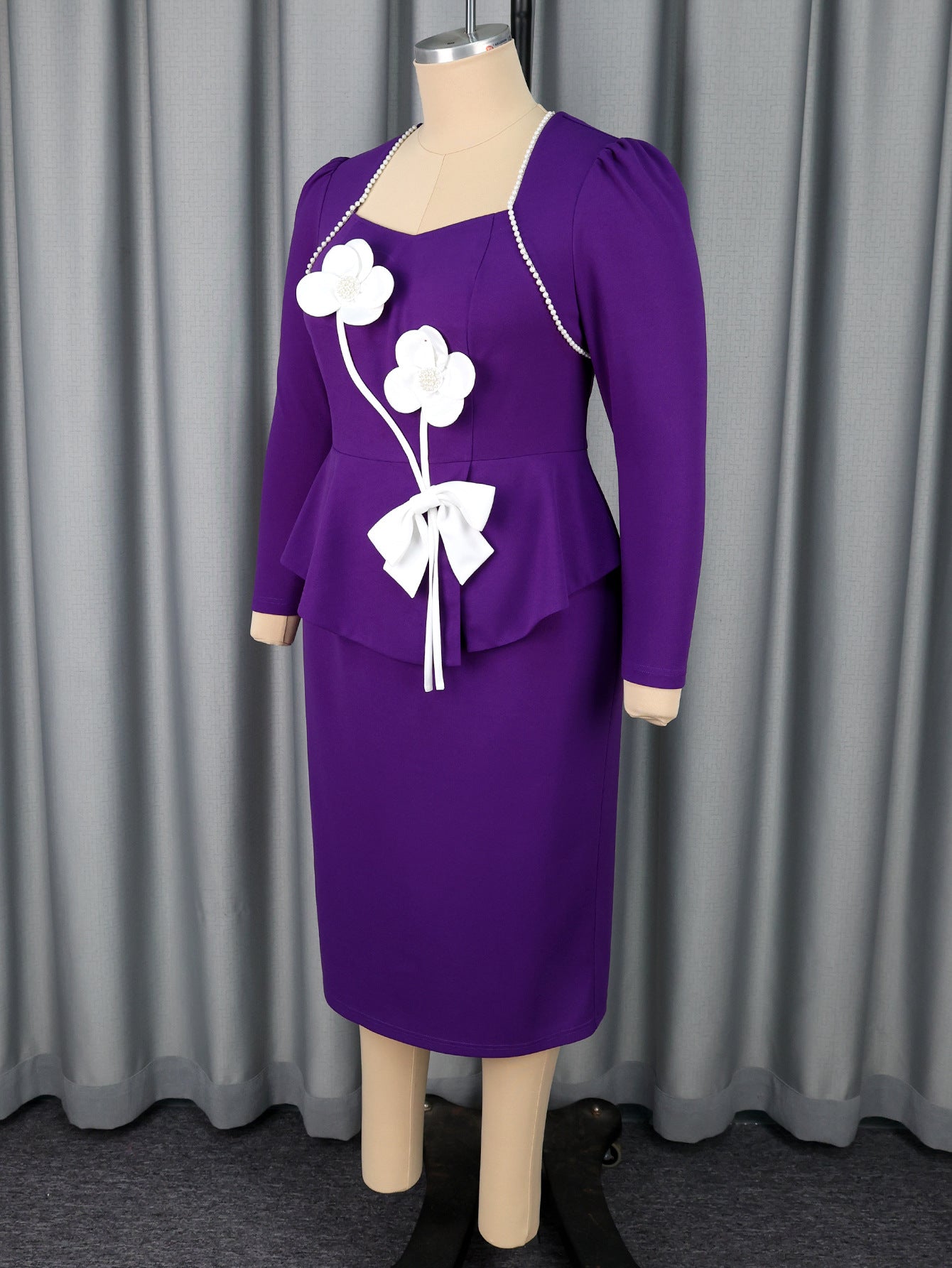 Women's Purple Square Neck Floral Color Block Long Sleeve Dress Slim Fit Party Bodycon Dress 5