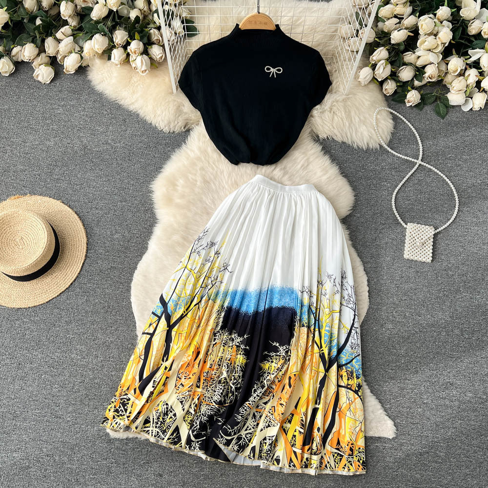 Elegant Women's Summer Sleeveless Blouse + Pleated Maxi Skirt Two-Piece Set