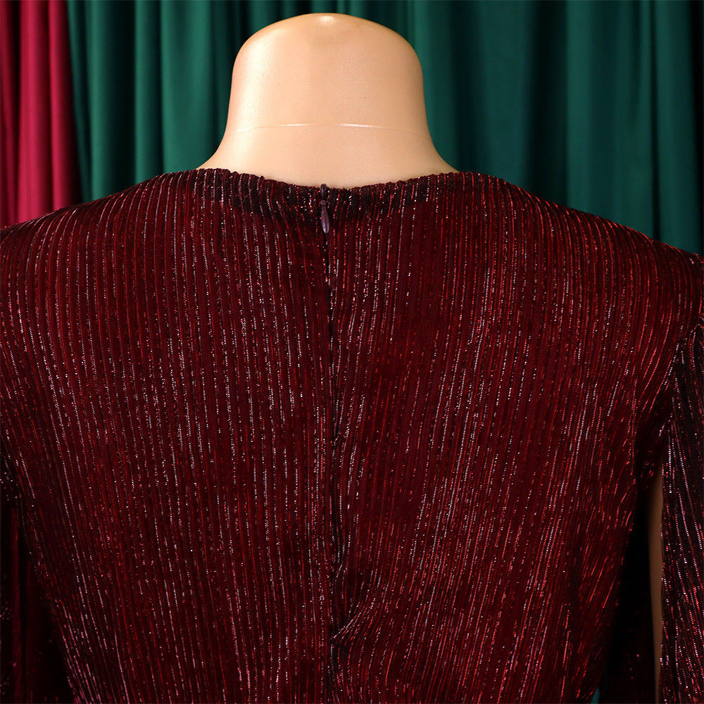 Belted V-Neck Chic Long Sleeve Cape Slim Waist Gown Dress 20