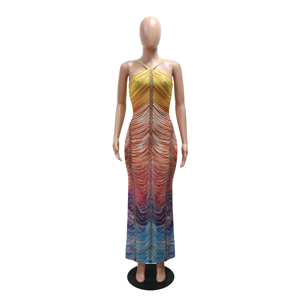 Women's Printed Fashion Sexy Slim Beaded Long Dress 5