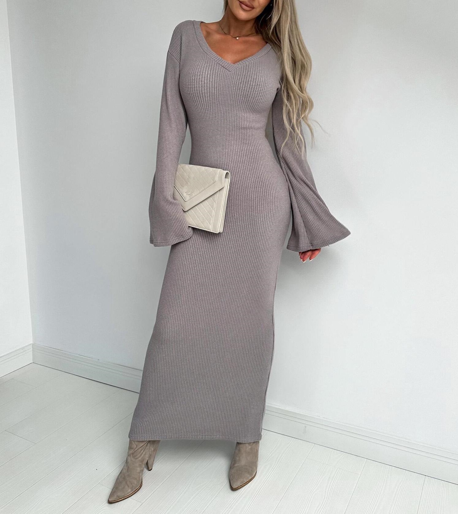 Winter and Spring knitting v-neck long sleeve Chic elegant long dress for women 5