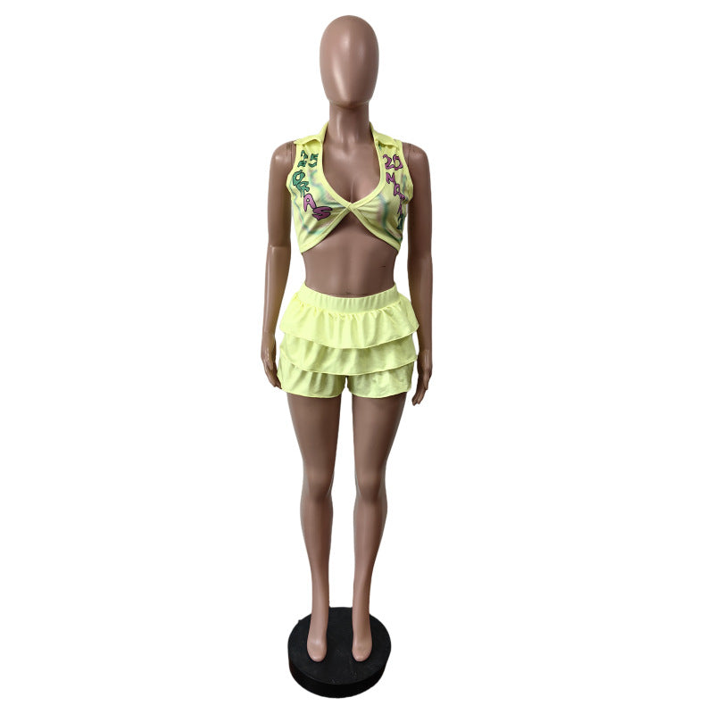 Printed Ruffle Elastic Waist Casual Shorts Set 9