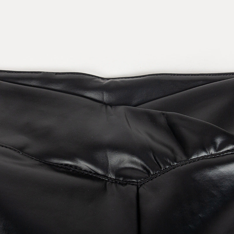 Women Fall Solid Bell Bottom Slit PU-Leather Pant 9