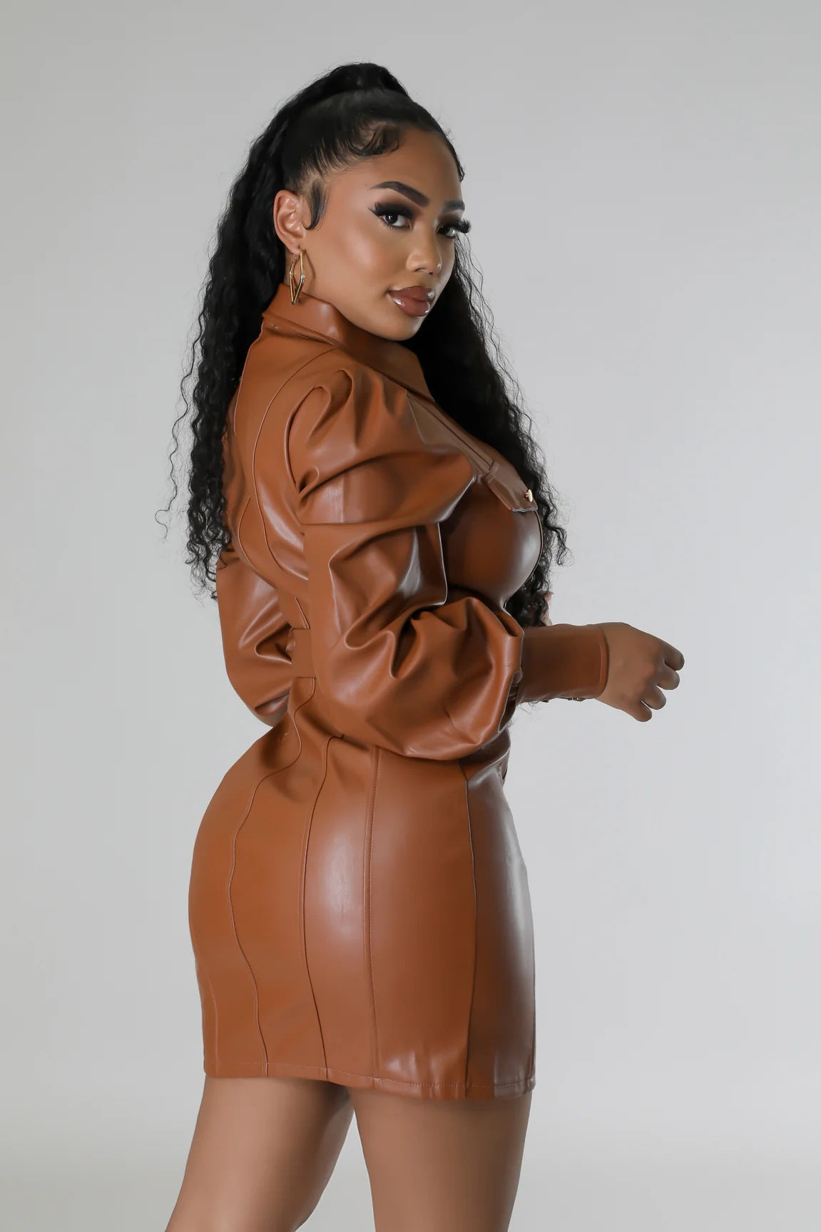 Women Pu Leather Long Sleeve Turndown Collar Dress 16