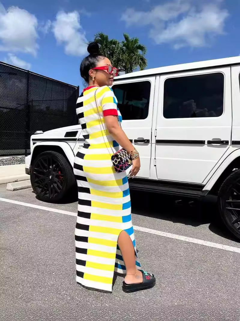 Women Round Neck Short Sleeve Slit Patchwork Striped Dress 5