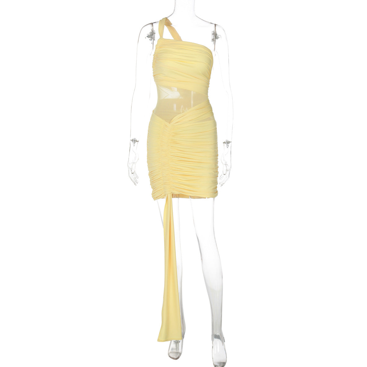 Women Summer Sexy Mesh Patchwork See-Through Pleated One-Shoulder Bodycon Dress 10